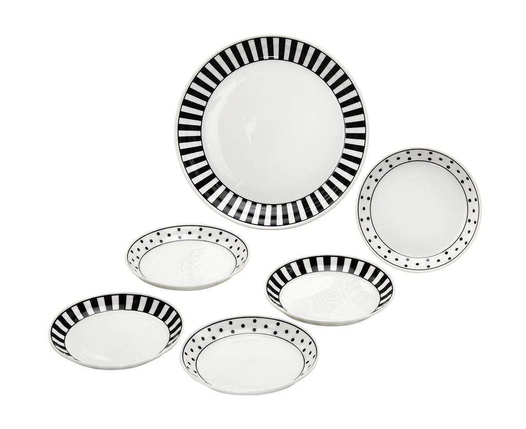 NOVA 6-Piece Black and White Plate Set - Polka Dots and Stripes