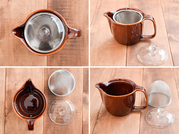 COLONT Ceramic Coffee Mugs and Teapot with Glass Lid and Removable Infuser Set of 3 - Brown
