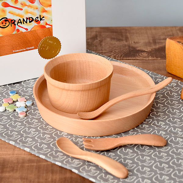 5-Piece Children's Wooden Tableware Set with Gift Box - Plate Bowl Fork Spoon and Feeding Spoon for Babies and Toddlers